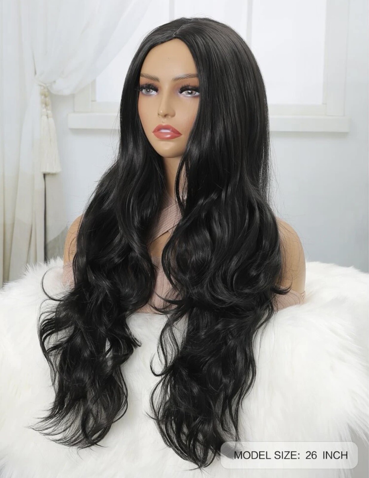 Perruque noire ondulations cheveux longs pour soirées et fêtes