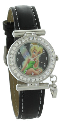  DISNEY classic Tinkerbell watch Black band, silver tone case with heart Charm