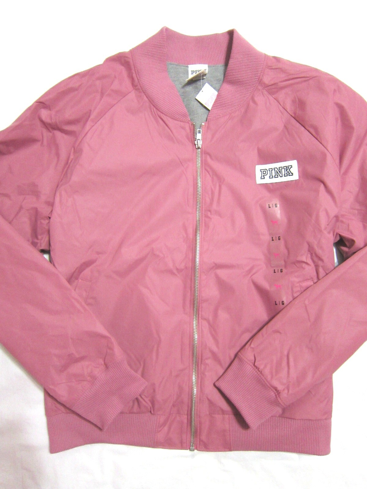Victoria Secret Pink BEGONIA LINED Logo BOMBER COAT JACKET SWEAT SHIRT L CAMPUS image 2