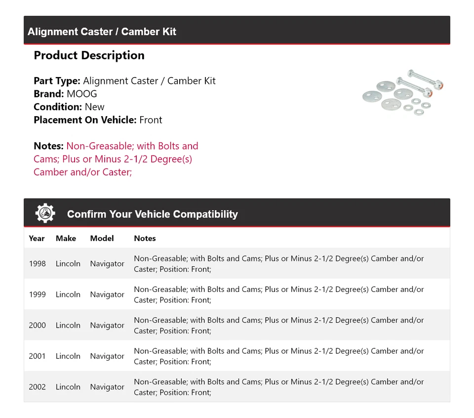 Kit de rueda de alineación/camber delantero MOOG 1998-2002 Lincoln Navigator Alignment 1998 Foto 2 de 4