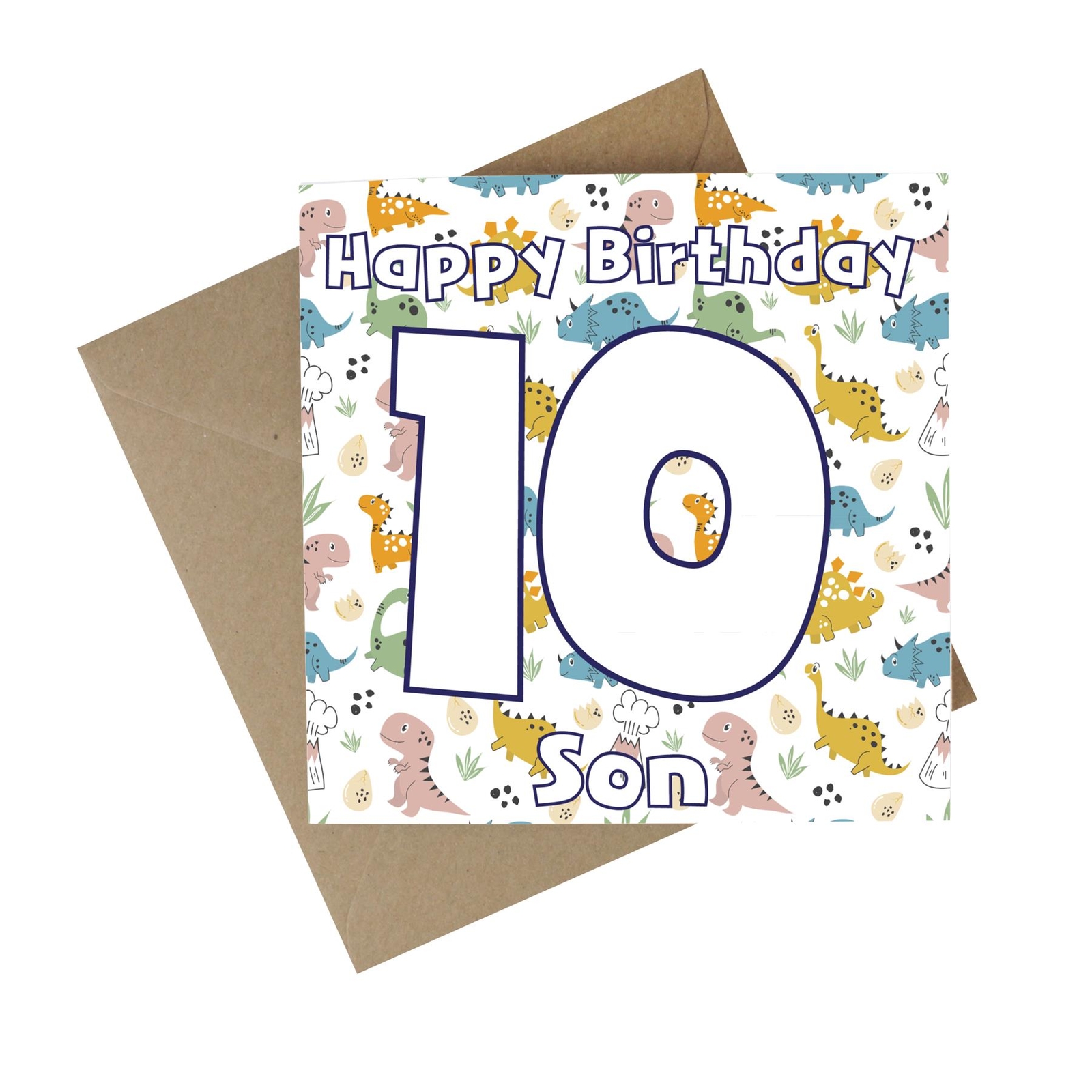 Dinosaur Son 10th Birthday Recycled Paper Age Card - Childrens Eco Greeting Card