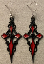 SPIKY CROSS EARRINGS -Black/Red Enamel,Black Stone,SS Ear Wires GOTHIC HALLOWEEN