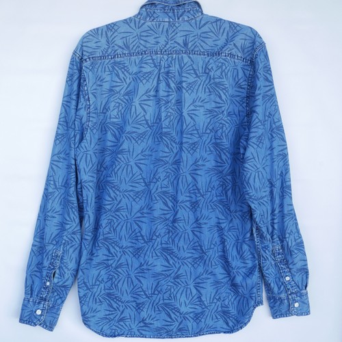 GAP Slim Mens M Fit Blue Palm Leaves Print Long Sleeve Cotton Shirt - Picture 5 of 10