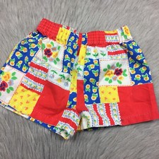 Vintage Toddler Girls 70s Red Blue Yellow Floral Patchwork Shorts