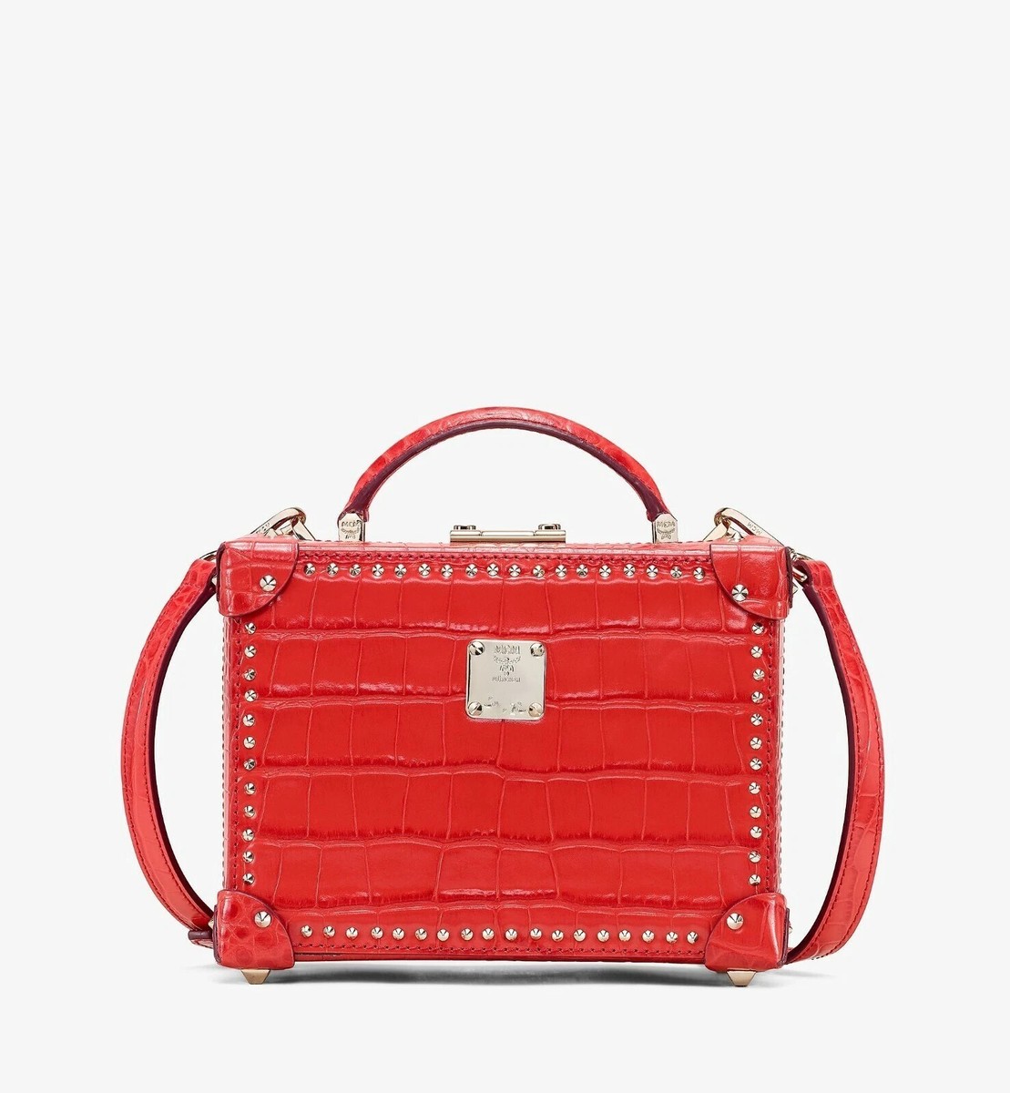 $1570 MCM Berlin Red Crocodile Embossed Leather Crossbody Bag