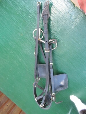 Vintage Horse harness black leather bridle Metal Bit Mouth Piece + Rosettes #1