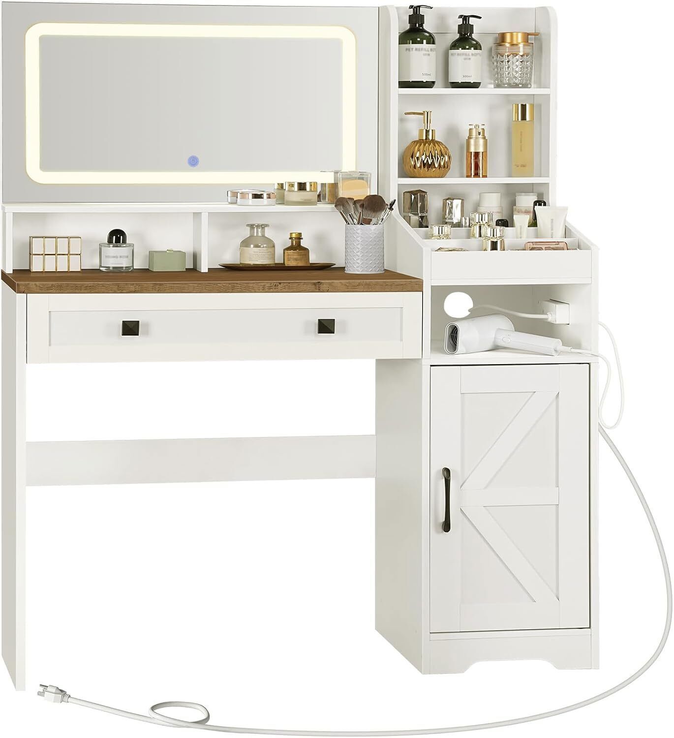 HOOBRO Makeup Vanity Desk with Mirror and Lights Farmhouse Vanity Makeup Desk