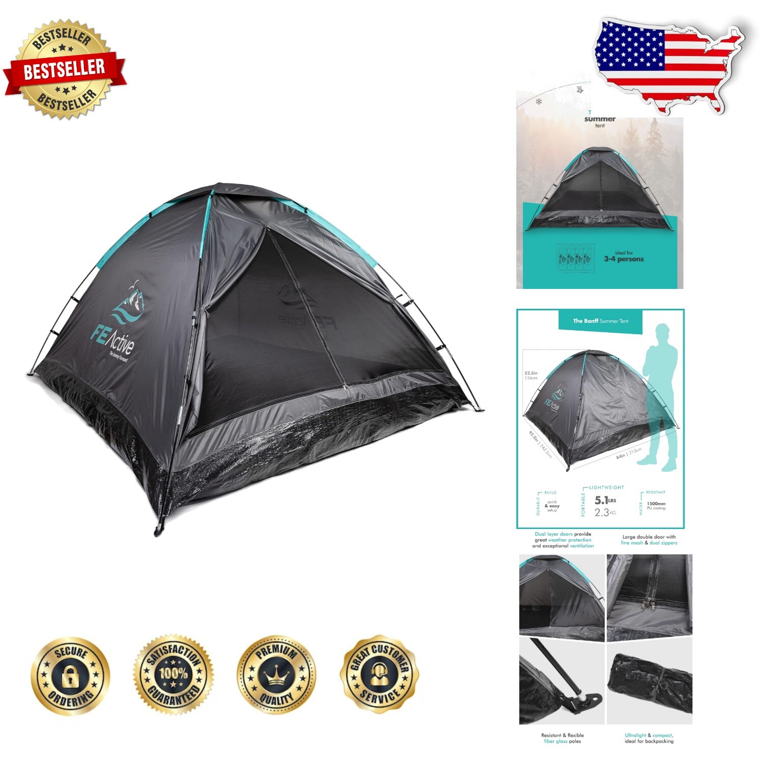 Amplia tienda familiar con postes de fibra de vidrio y malla mosquitera para mayor comodidad