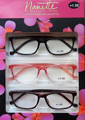 NANETTE LEPORE 3 PACK PREMIUM READING GLASSES READERS +1.50+2.00+2.50 NEW 