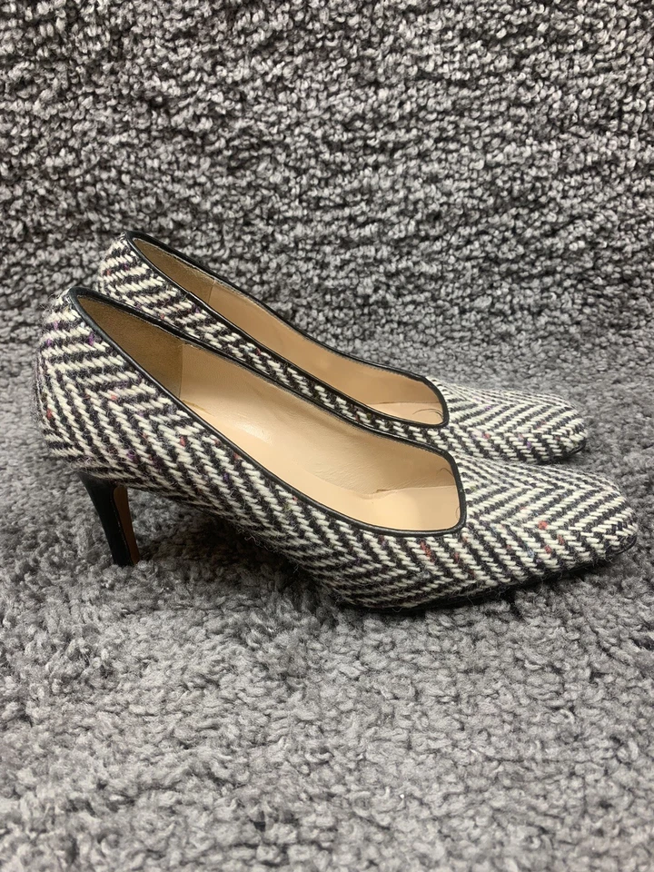 Kate Spade Black White Wool Herringbone Square Toe Pumps Made In Italy  8 B - Image 4 of 4