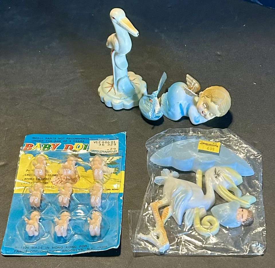 Lote De Colección Plástico Cigüeña y Bebé Niño Azul Ducha Pasteles Decoraciones Cupcakes Foto 2 de 4
