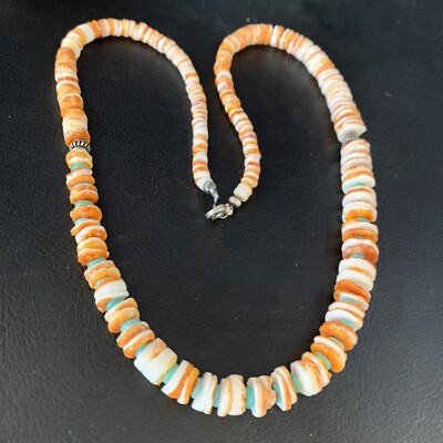 Navajo Turquoise Grad Orange Spiny Oyster Sterling Necklace 20'' 13517