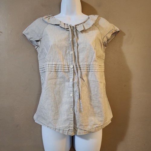 J Crew Womens Top Size 2 Gray Pinstriped Cap Sleeve Button Down Ruffle Pleated