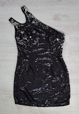 GLAMOROUS One Shoulder Sequin Dress UK 8 Black New