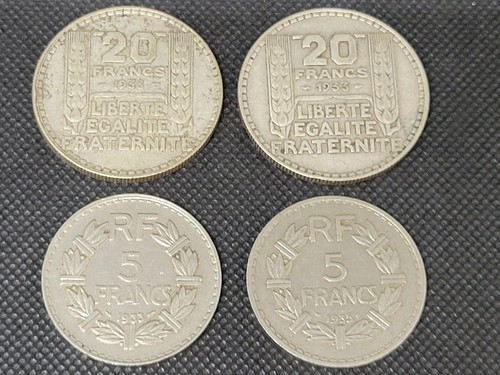 4 Anciennes monnaies pièces de 5 et 20 francs argent 1933 1935 Turin Lavrillier