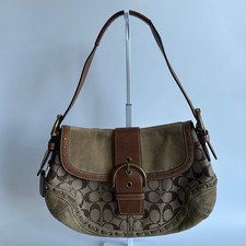 Coach Soho Signature Brown Canvas Suede Buckle Flap Shoulder Bag 9373 Good