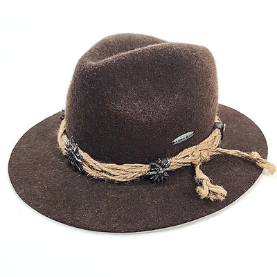 Vtg Alpen Kitz Austria 100% Wool Fedora Hat 54 7.25 Brown Logo Conchos Rope Band