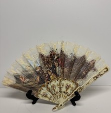 Vintage Celluloid Folding Fan Victorian Era Painted Scene Lace Trim