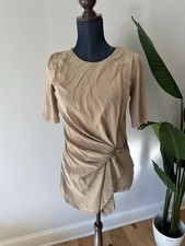 Fabiana Filippi Silk Gathered Front Glass Bead Beige Top EUC Sz M Stretch Belt