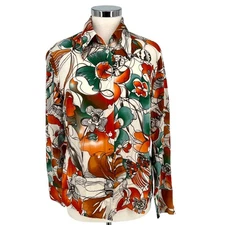 Escada Vintage Silk Butterfly Moth Floral Silk Button-Up Blouse Size 42 12 Large