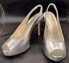 Rene Mancini Womens Silver Leather Peep Toe Slingback Heels Silver Size 6 Italy — photo 1