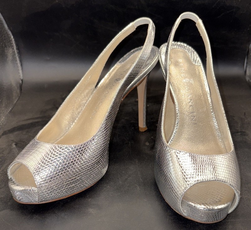 Rene Mancini Womens Silver Leather Peep Toe Slingback Heels Silver Size 6 Italy