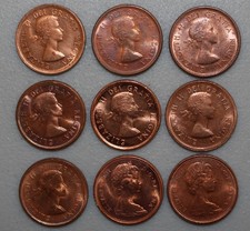 Uncirculated Canada Small Cent 9 Coin Run Red 1c Lot 1957 - 1966 Canadian Lot
