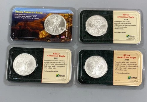 4 US 1ozt .999 US Silver Eagle $1 1993 2001, 03, 2004 BU toning Littleton pkg 39