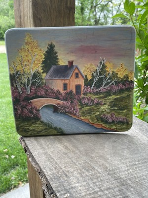 Hand Crafted Artwork On Wood ~Visions~Before & After Cottage Bridge Over Stream
