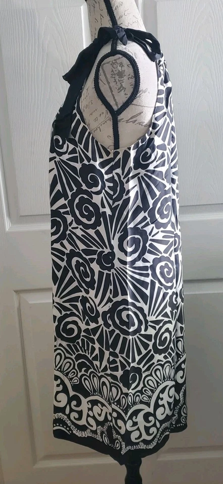 White House Black Market Silk Black Geometric Dress Women 10 Bow Tie Strap - Image 3 of 4