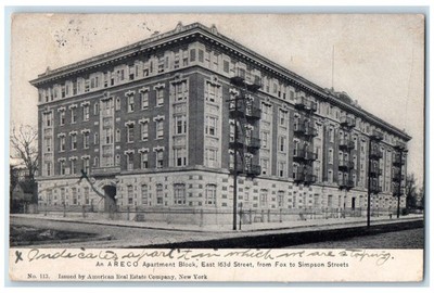 1909 Areco Apartment Block Fox Simpson Streets New York City New York Postcard