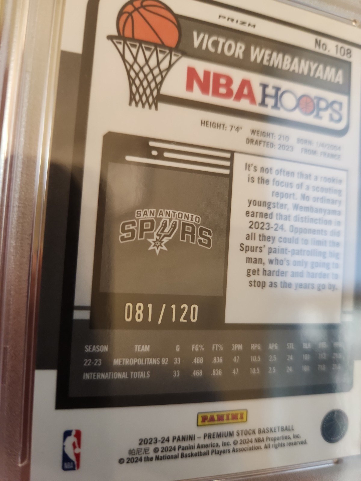 2023 Hoops Premium Stock Victor Wembanyama Blue Prizm /120 #108 PSA 9  view 3