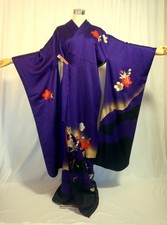 Japanese kimono SILK"FURISODE"BT,a Branch of SAKURA,the GLD/SIL leaf, L5'4".4673