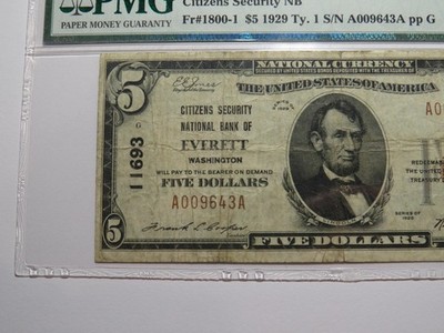 いそNo.5 $5 1929 Everett Washington WA National Currency Bank Note Bill