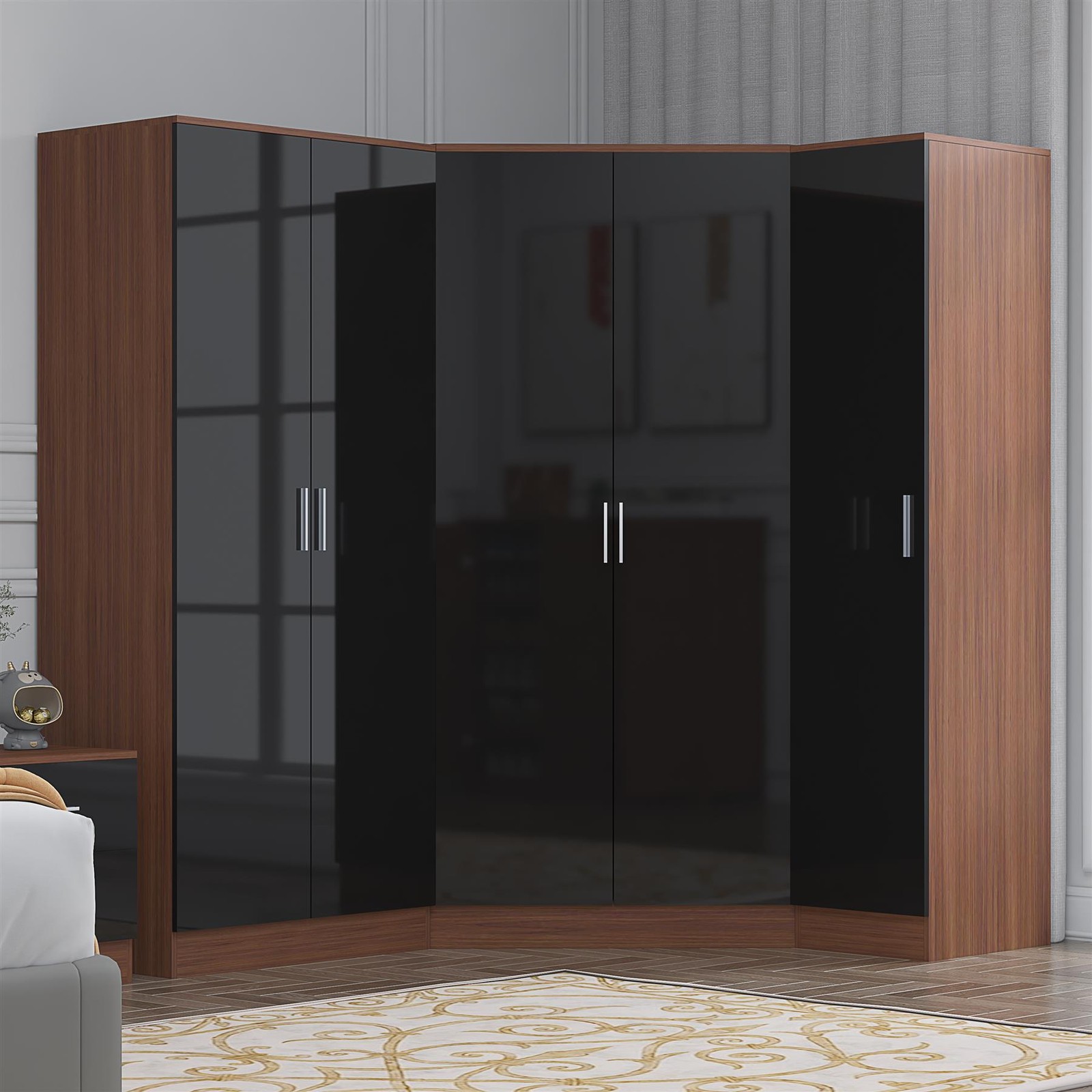 REFLECT 2 Door Corner + 2 Plain + 1 Plain Door Wardrobe Bundle - Black/Walnut - Image 2