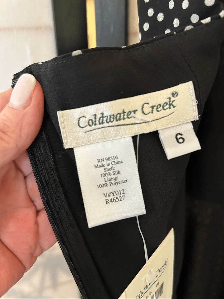 Vestido midi halter a lunares de seda Coldwater Creek talla 6 negro blanco Babydoll Y2K Foto 3 de 4