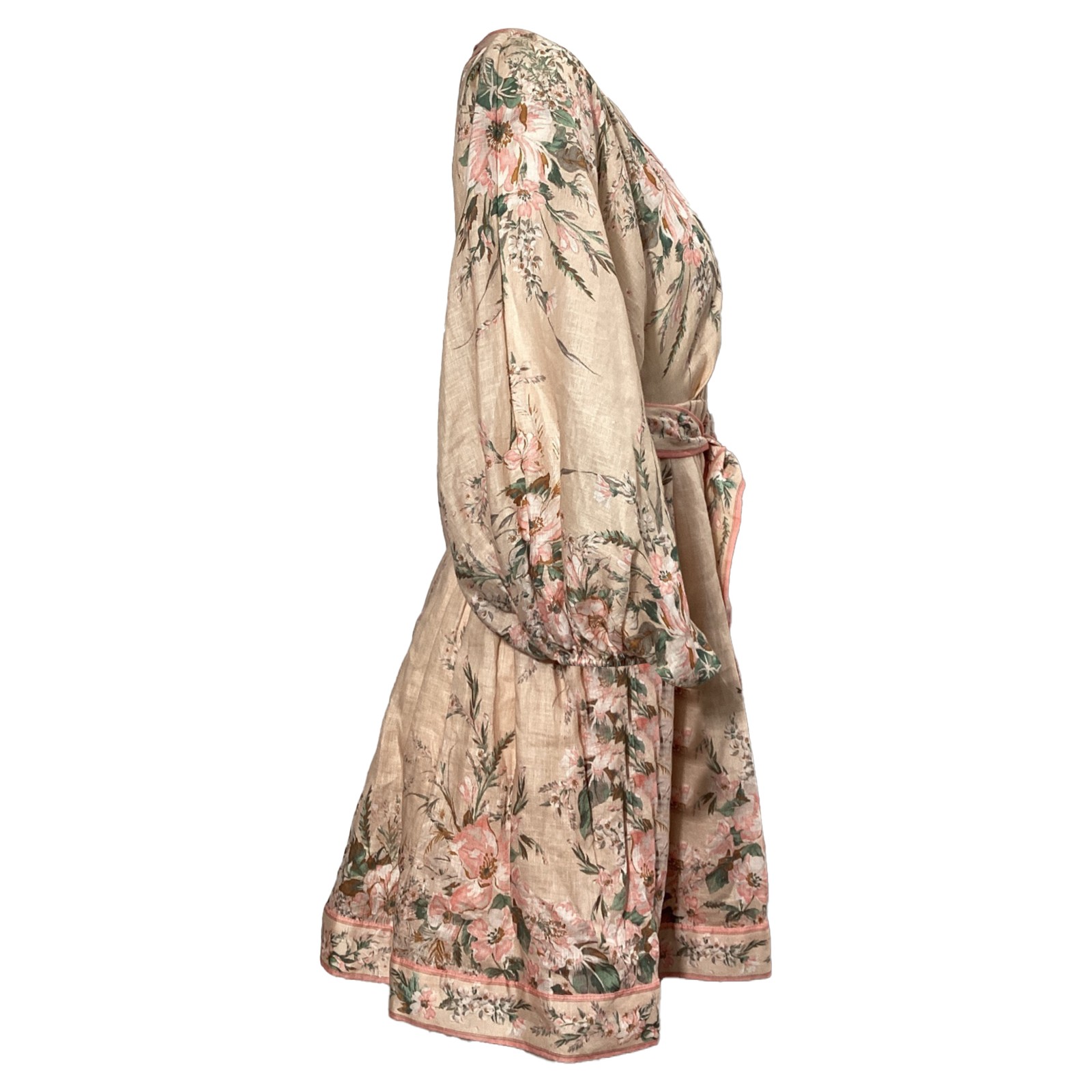 Zimmerman Moonshine Puff-Sleeves Belted Mini Dress In Pastel Pink Linen S