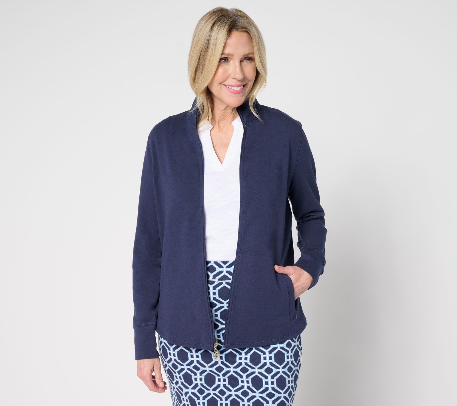 Maya J Women's Jacket Sz L Belle Body by Kim Gravel Preppy Full Zip Blue A683201
