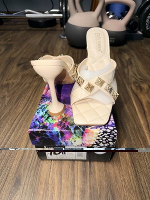 Cape Robbin Women s Beige Quilted Studded Square Toe Mule Heels Slip On 9