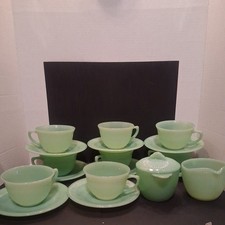 18 Piece Vintage Fire King Jadeite Coffee/Tea Set 8 Saucers,8 Cups Crem & Sugar.