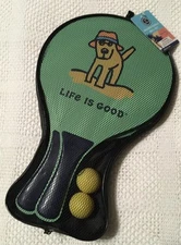 LIFE IS GOOD ROCKET DOG DESIGN Wooden PADDLE BALL SET W/H Bag 15” NWT