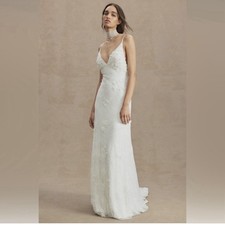 NWT BHLDN Anthropologie Meadow Floral Lace V Neck Sheath Bridal Gown Sz 10