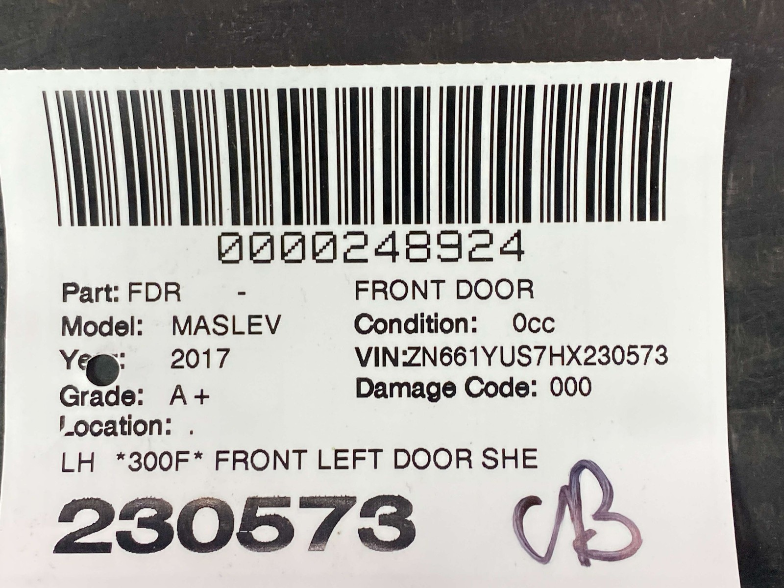 2017-2024 MASERATI LEVANTE M161 OEM LH FRONT LEFT DOOR SHELL |NERO RIBELLE (815)