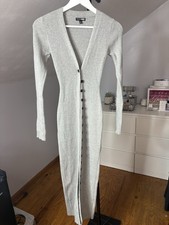 Fashion Nova Gray Ribbed Knit Button Front V-Neck Long Sleeve Maxi Dress M