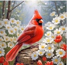 Diamond Art Kit Of Beautiful Red Cardinal Amongst Flowers 30cm X 30cm 20 Colors