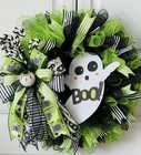 Green Black White Halloween "Boo" Ghost Mesh Ribbon Wreath Door Decoration 24 in — photo 1