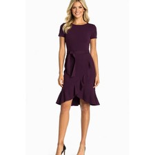 Calvin Klein Ruffle Sheath Dress Short Sleeve Aubergine Womens Size 4