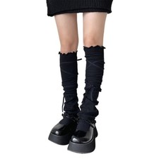 Ribbed Leggings Covers with Lace Up Ruffle Trim Thigh High Leg Warmers for Women