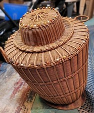Rare X Large Leaning Wicker Basket Beaded With Lid 26" X 25" Mid Century