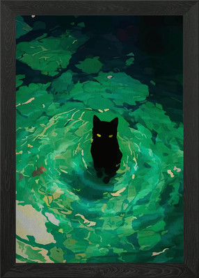 Schwarze Katze im grünen Wasser Gemälde gerahmt Wandbild Poster Leinwanddruck Bild